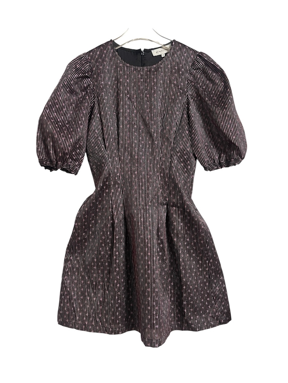 By Malina Pink Metallic Stripe Balloon Sleeve Black Mini Dress